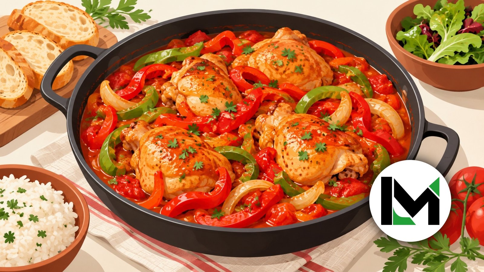 Flat illustration of Pollo Al Chilindron with chicken, peppers, tomatoes, and sauce