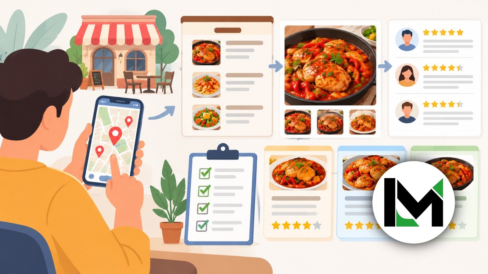 Illustration of comparing restaurants, menus, reviews, and photos to find Pollo Al Chilindron