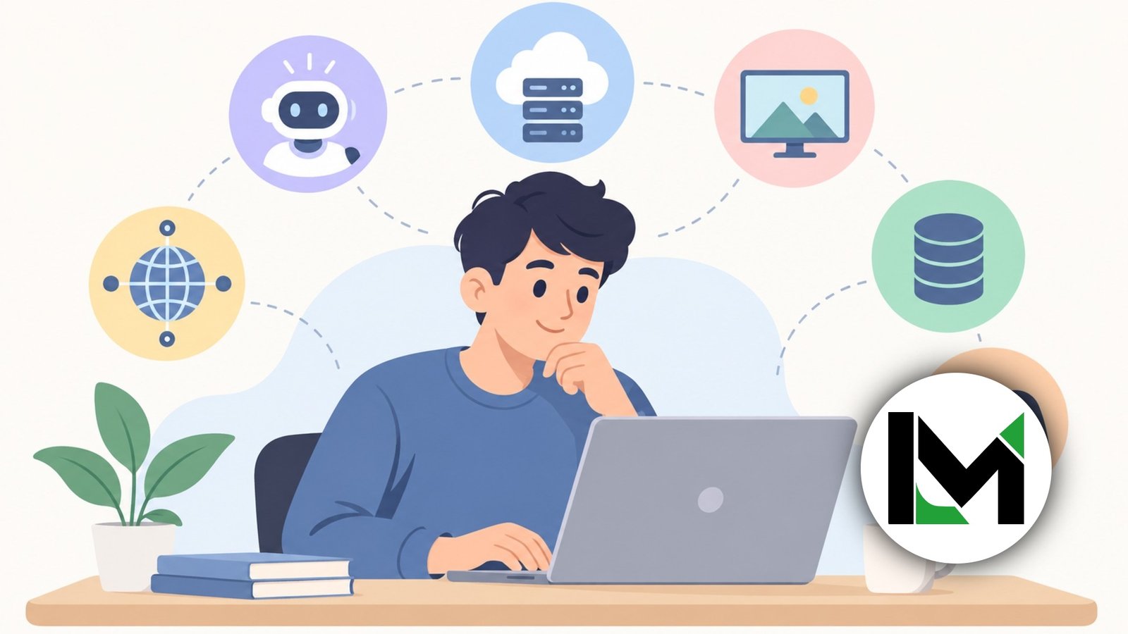 Flat illustration of a user exploring AI, gaming, storage, and networking trends on a computer