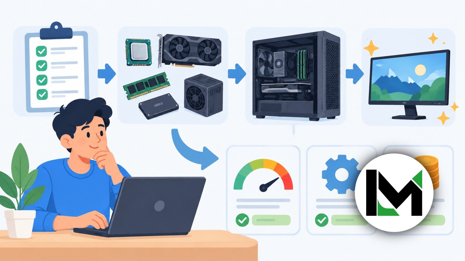Flat illustration of a PC upgrade checklist and comparison process for better tech decisions